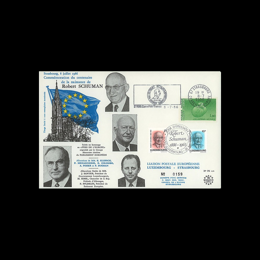 PE116 : 1986 - FDC Parlement eur. + Luxembourg 'Centenaire de la naissance de Schuman' PE116 : 1986 - FDC Parlement eur. + Luxembourg 'Centenaire de la naissance de Schuman'