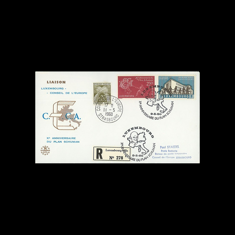 LE21C : 1960 - FDC RECO 1er Jour Luxembourg - CE '20e anniversaire Plan Schuman' LE21C : 1960 - FDC RECO 1er Jour Luxembourg - CE '20e anniversaire Plan Schuman'