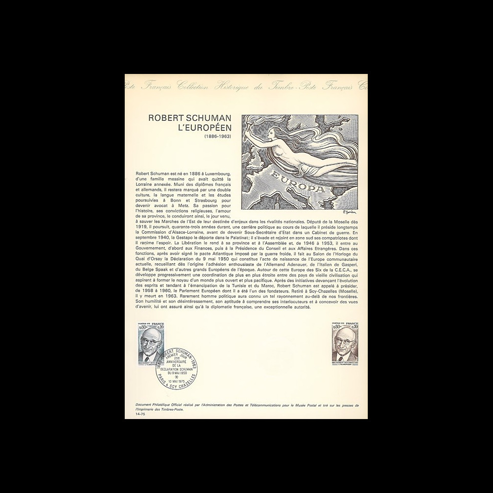 FE29DOa : 1975 - Document historique Musée postal - 1er Jour TP 'Schuman