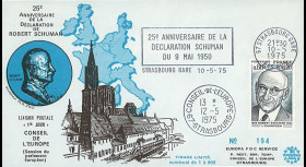 FE29D : 1975 - FDC CE 1er Jour TP 'Schuman' + flamme Strasbg-gare