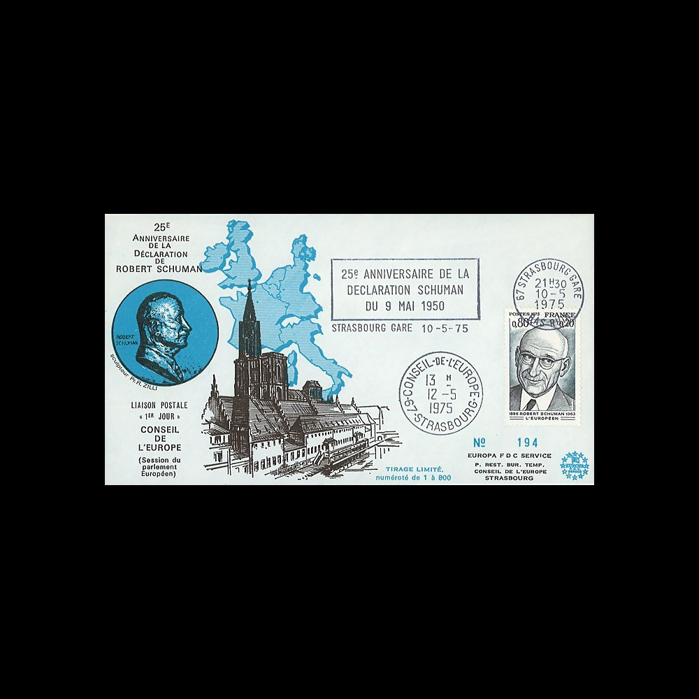 FE29D : 1975 - FDC CE 1er Jour TP 'Schuman' + flamme Strasbg-gare