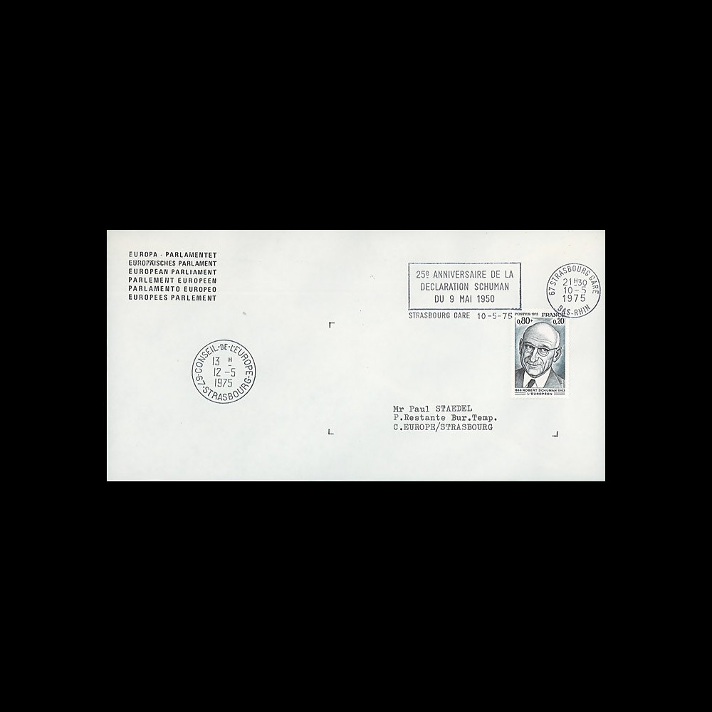 FE29Da : 1975 - Env. de service PE 1er Jour TP 'Schuman' + flamme Strasbg-gare