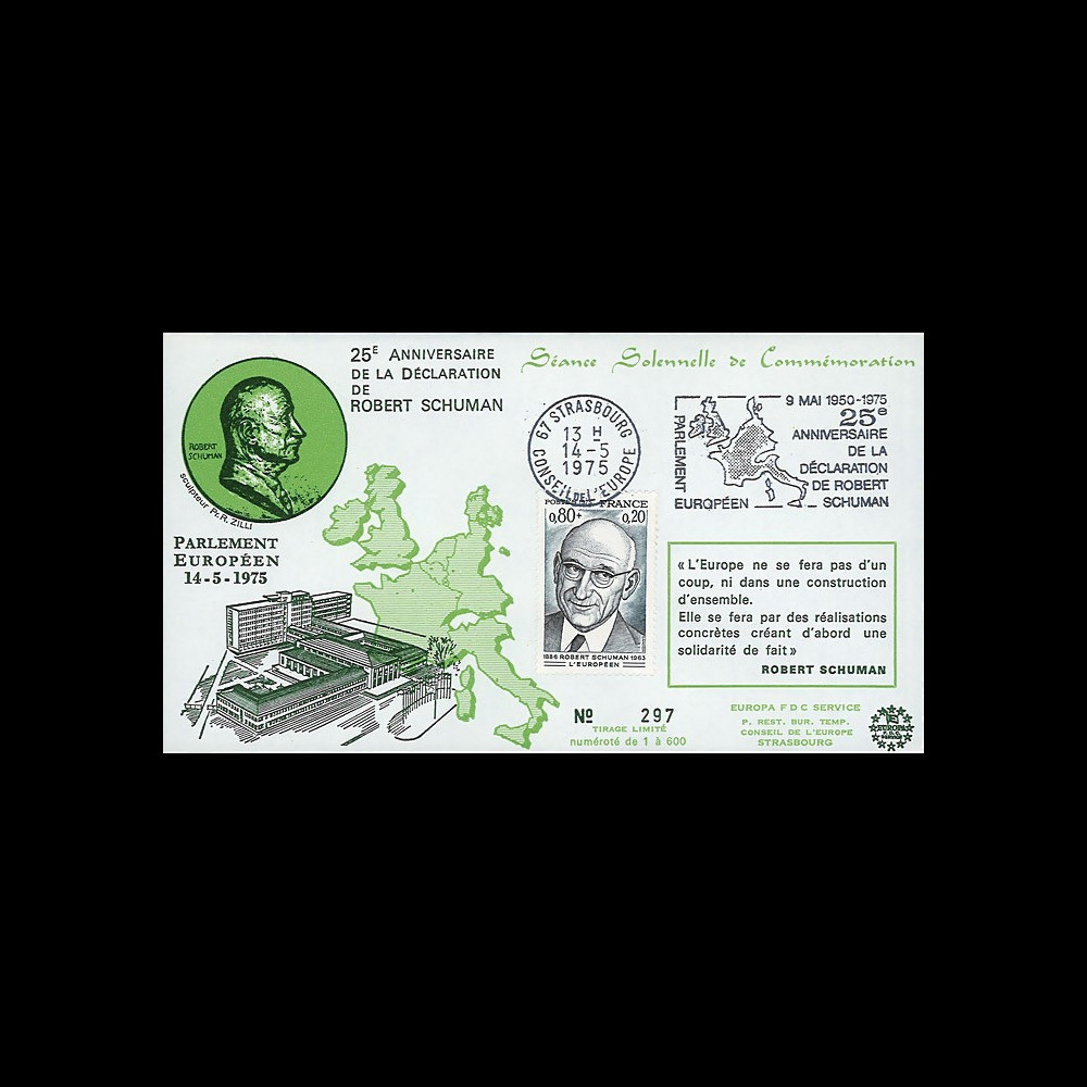 FE29F (AP124A) : 1975 - FDC PE 1er Jour TP 'Schuman' + flamme PE séance solennelle FE29F (AP124A) : 1975 - FDC PE 1er Jour TP 'Schuman' + flamme PE séance solennelle