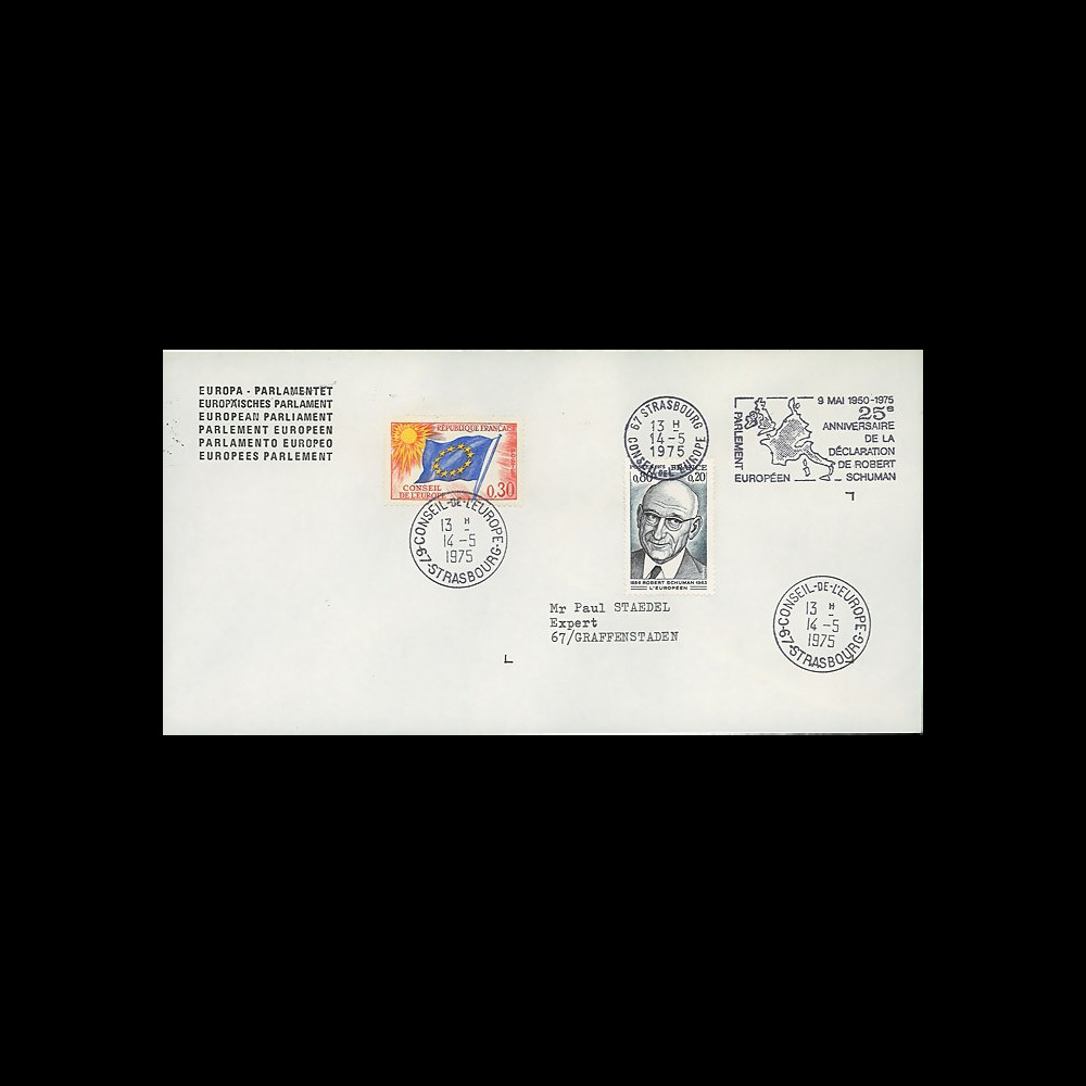 FE29Fa (AP124Aa) : 1975 - FDC PE 1er Jour TP 'Schuman' + flamme PE séance solennelle