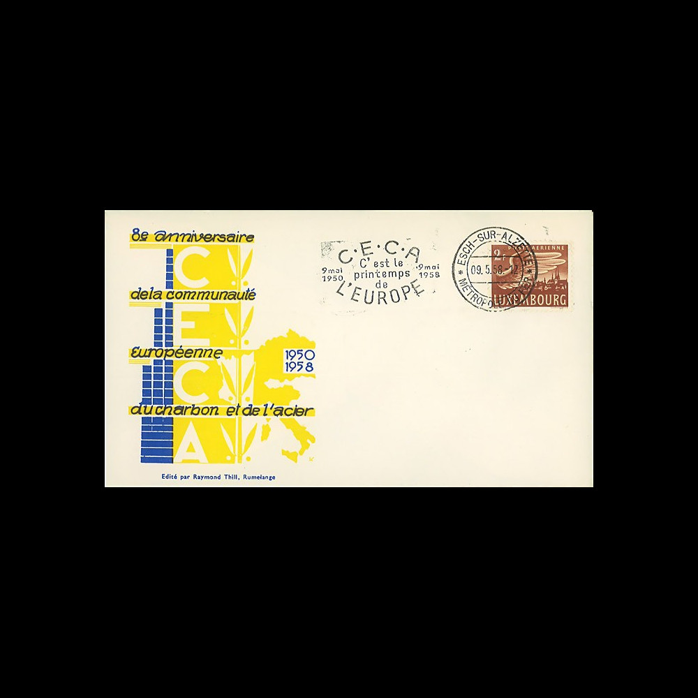 CECA5a : 1958 - FDC Luxembourg '8e anniversaire de la CECA' flamme petit format