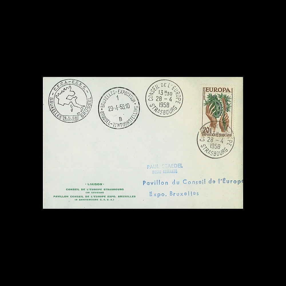 LE1 : 1958 - FDC type I liaison Expo Bruxelles - Conseil de l'Europe '8 ans CECA' LE1 : 1958 - FDC type I liaison Expo Bruxelles - Conseil de l'Europe '8 ans CECA'