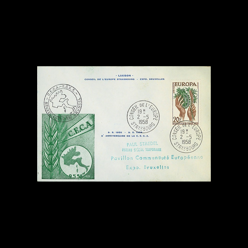 LE1a : 1958 - FDC type II liaison Expo Bruxelles - Conseil de l'Europe '8 ans CECA'