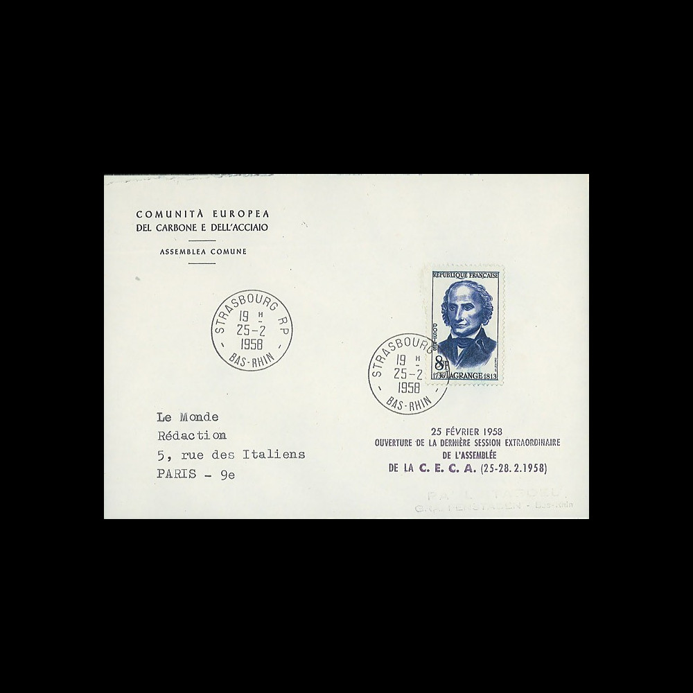 RD3a : 1958 - FDC '25 février 1958 - Ouverture de la dernière session de la CECA' - TP 8F