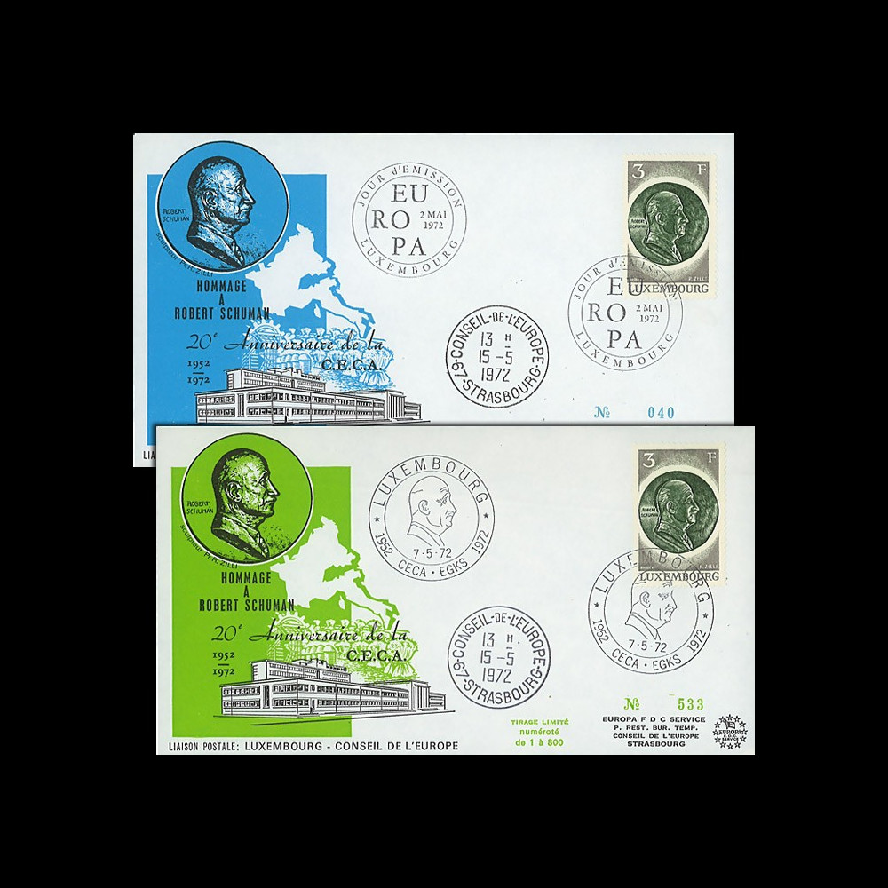 LE60 : 1972 - 2 FDC Luxembourg 1er Jour TP 'Schuman - 20 ans de la CECA'