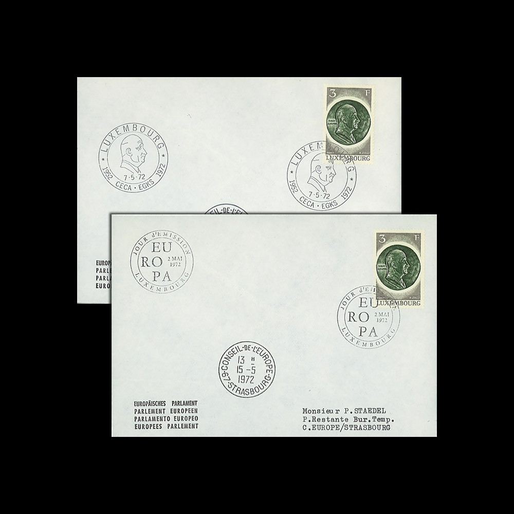 LE60a : 1972 - 2 env. de service PE 1er Jour TP Luxembourg 'Schuman - 20 ans CECA'