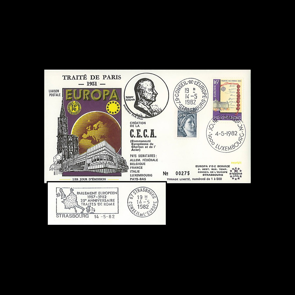 LUX17L : 1982 - FDC Luxembourg 1er Jour du TP 'Europa - Traité de Paris 1951'