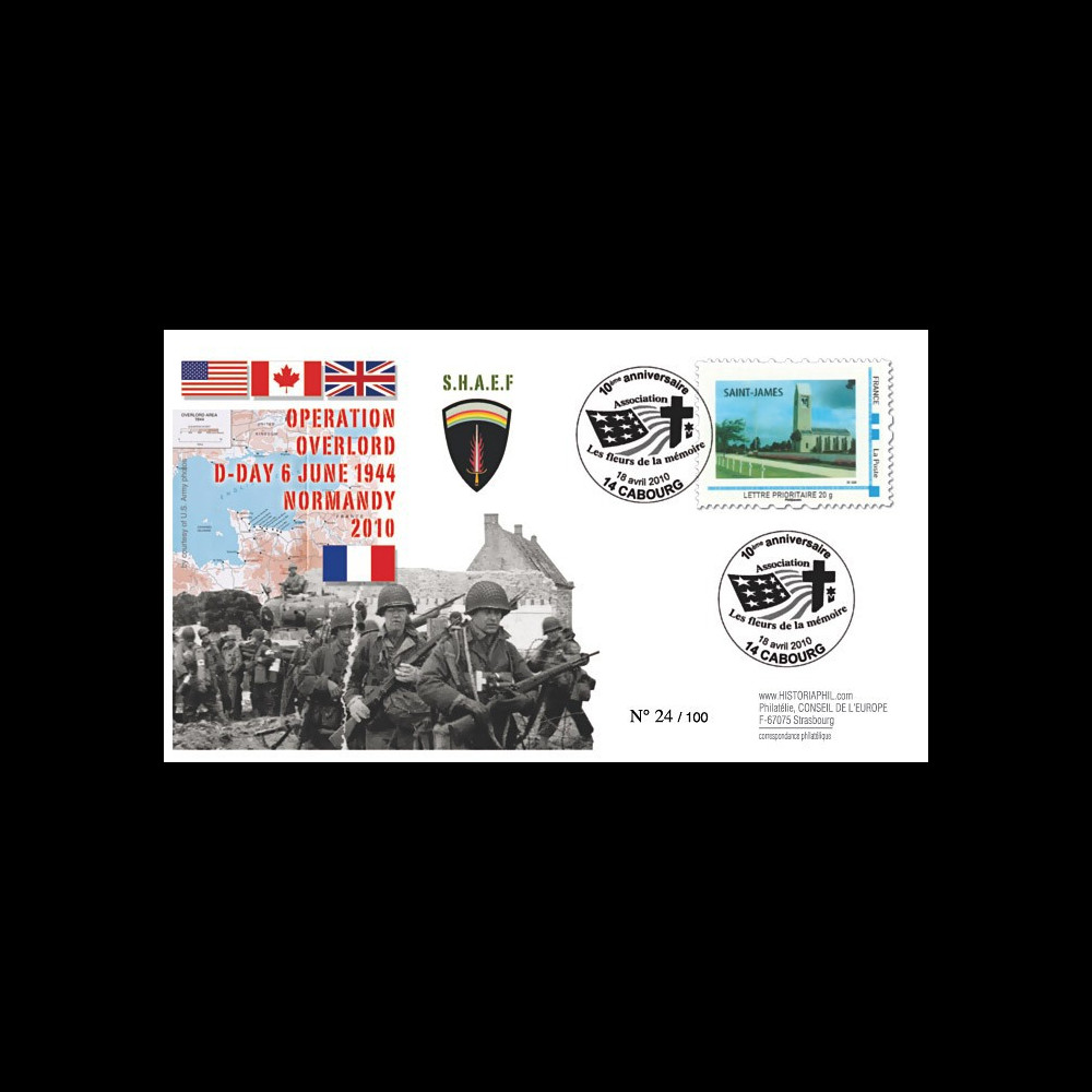 DEB10-5 : 2010 - FDC D-Day 1944 - TPP 'Britany American Cemetery Saint-James' - Lettre prio