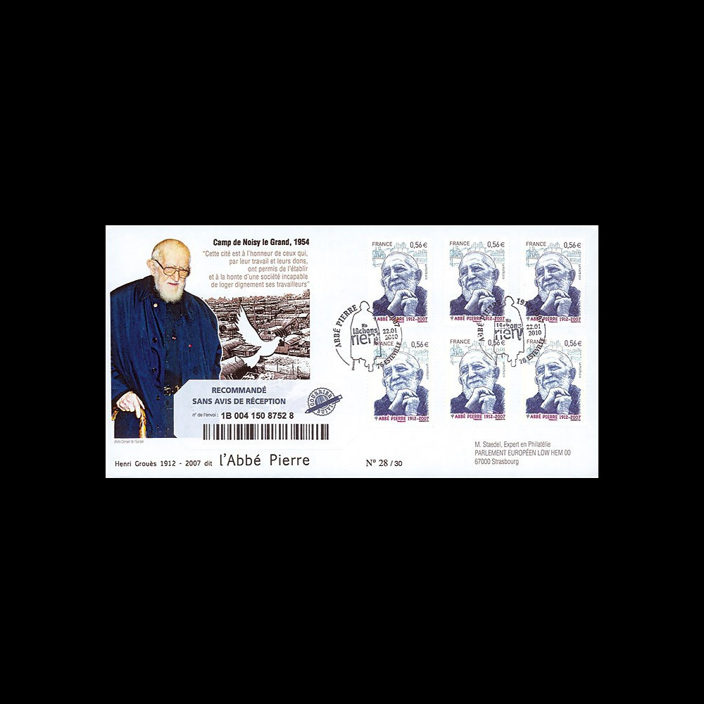ABP5R : 2010 - FDC RECO Premier Jour TP 'Abbé Pierre' - oblitération Esteville ABP5R : 2010 - FDC RECO Premier Jour TP 'Abbé Pierre' - oblitération Esteville