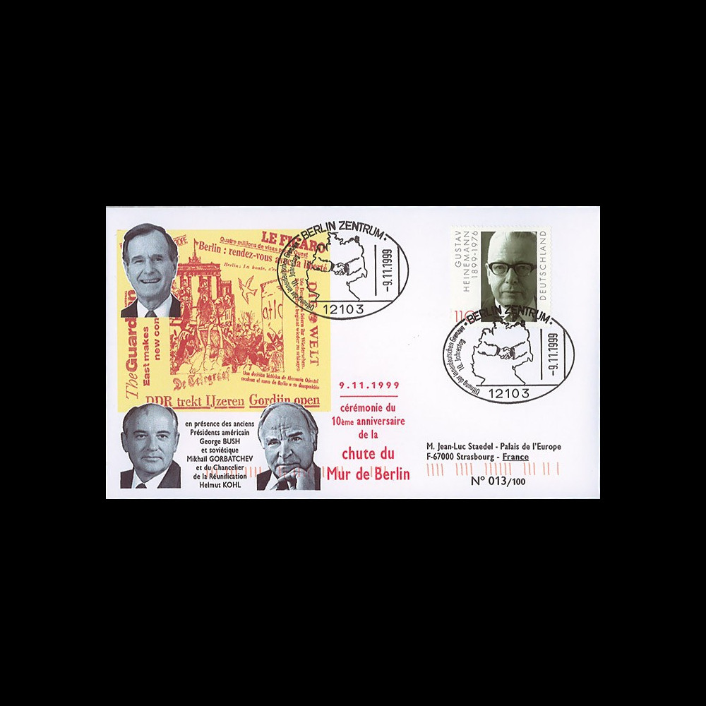 BERL99-1 : 1999 - FDC Allemagne 'Cérémonie 10 ans Chute du Mur de Berlin' BERL99-1 : 1999 - FDC Allemagne 'Cérémonie 10 ans Chute du Mur de Berlin'