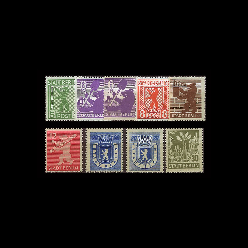 BERL45-1-7AV : 1945 - 7 TP 'Ours de Berlin' 1ers TP du Cdt Interallié d'Occupation - variétés BERL45-1-7AV : 1945 - 7 TP 'Ours de Berlin' 1ers TP du Cdt Interallié d'Occupation - variétés