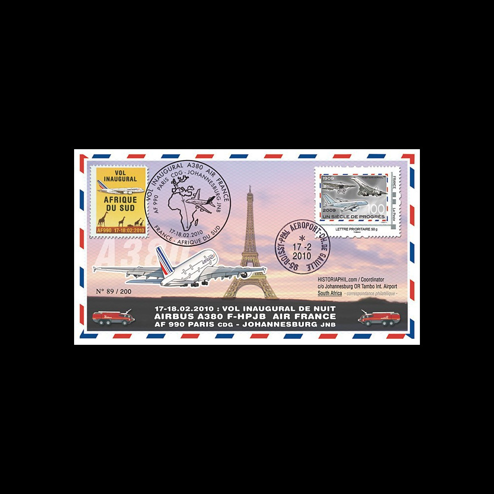 A380-96 : 2010 - FDC France 'Vol inaugural A380 Air France 'Paris-Johannesburg'
