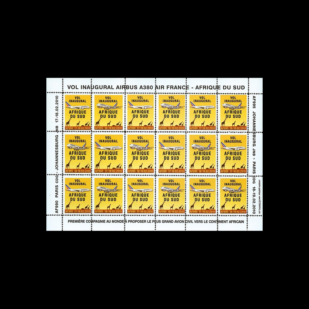 A380-96F : 2010 - Vignettes dentelées 'Vol inaugural A380 Air France - Afrique du Sud'