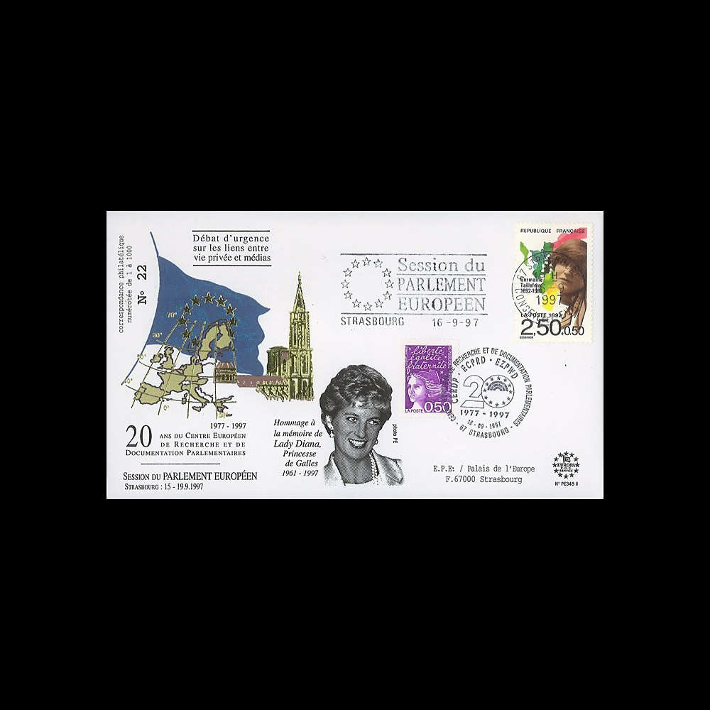 PE348-II : 1997 - FDC Session du Parlement européen 'Hommage à Lady Diana' - type2 PE348-II : 1997 - FDC Session du Parlement européen 'Hommage à Lady Diana' - type2