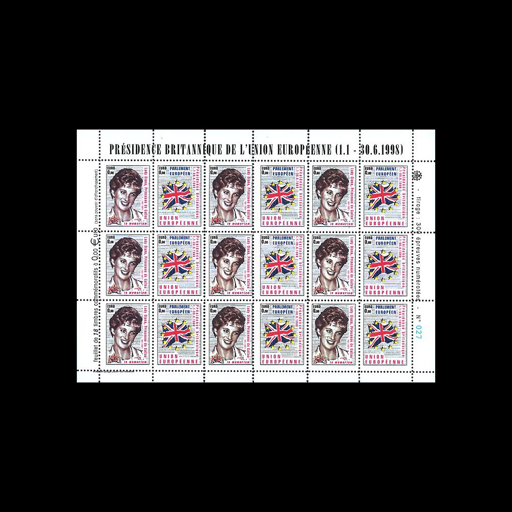 PE357F : 1998 - Feuillet de vignettes 'Hommage à Diana & présidence britannique de l'UE' PE357F : 1998 - Feuillet de vignettes 'Hommage à Diana & présidence britannique de l'UE'