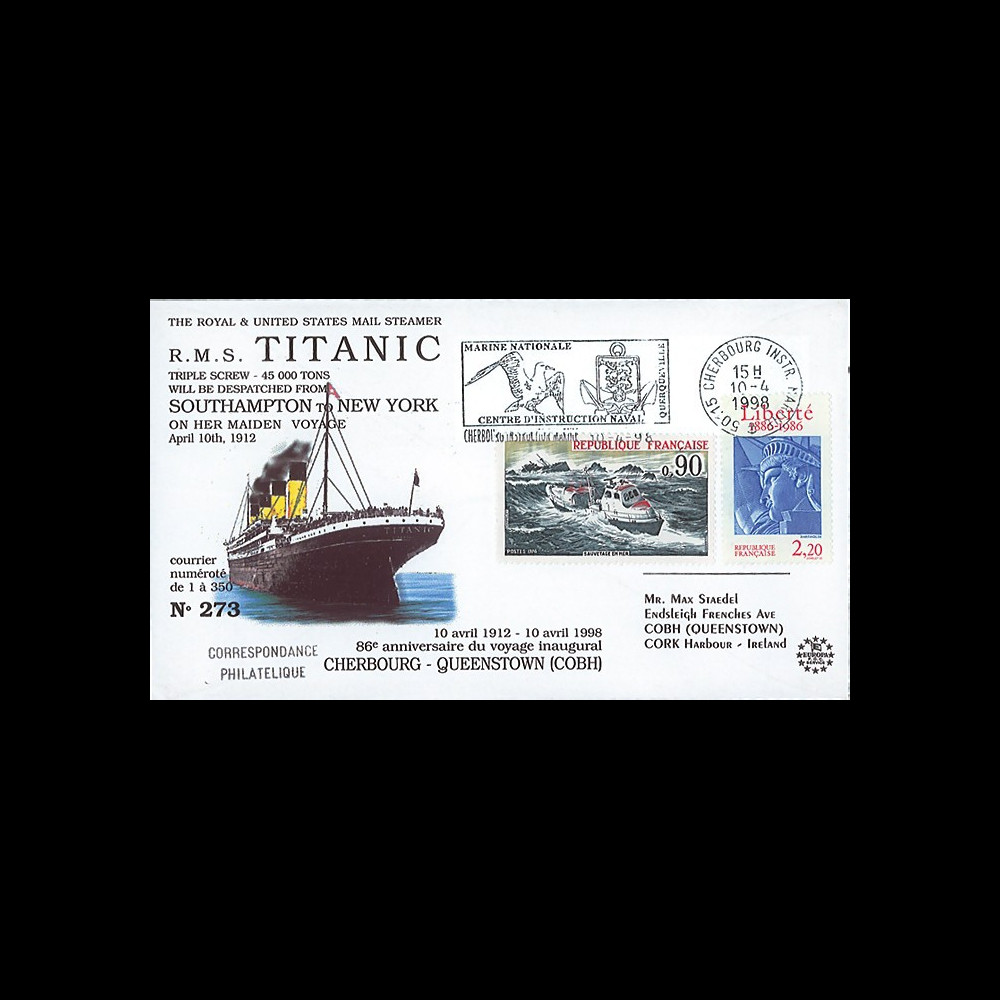 TITANIC98-2 : 1998 - FDC  "86e anniversaire du voyage inaugural du Titanic" - Cherbourg