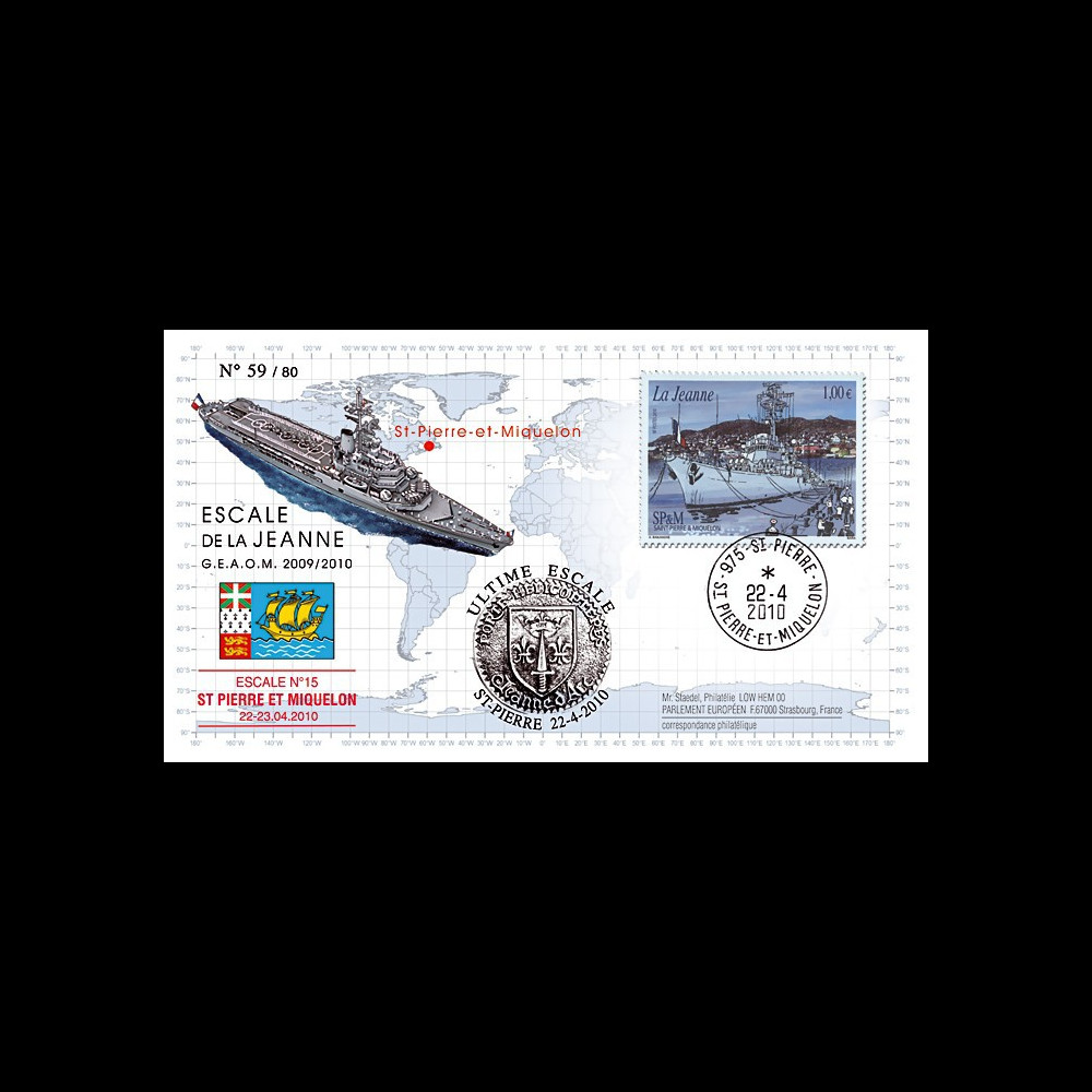 NAV09JA-20B : 2010 - Pli "Escale du PH Jeanne d'Arc à St-Pierre-et-Miquelon
