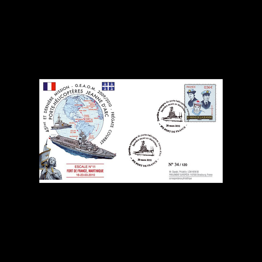 NAV09JA-15A : 2010 - Pli "Dernière escale du PH Jeanne d'Arc en Martinique"