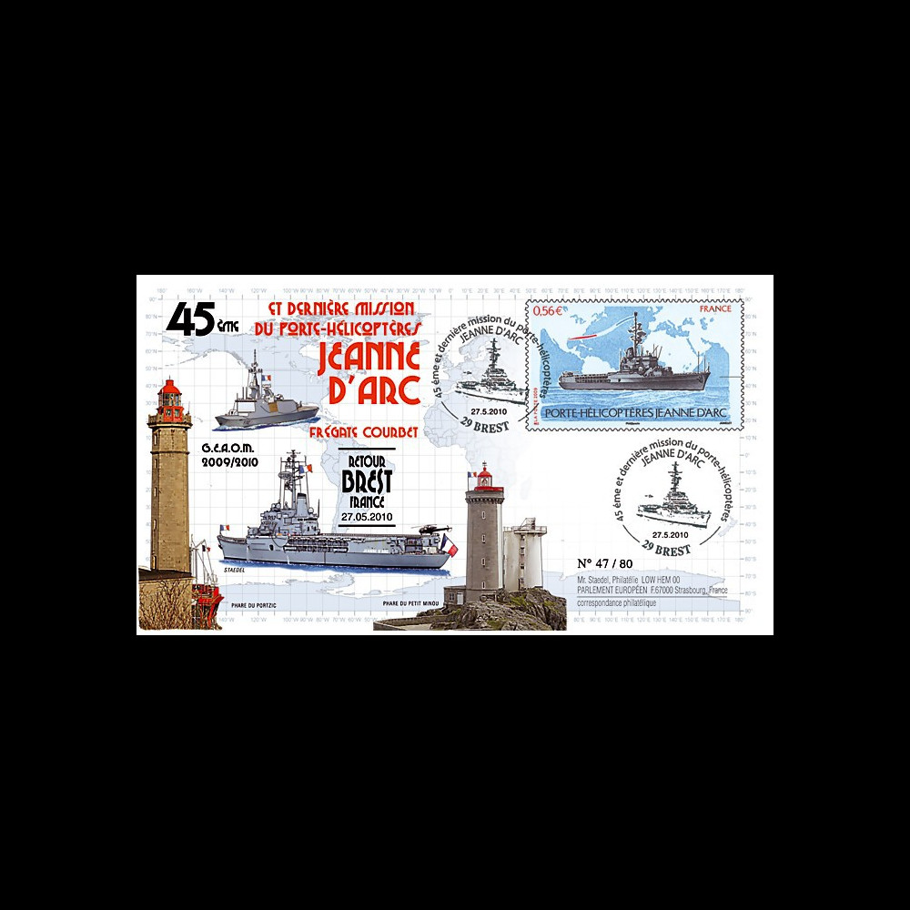 NAV09JA-24A : 2010 - Pli "Retour de mission du PH Jeanne d'Arc à Brest"