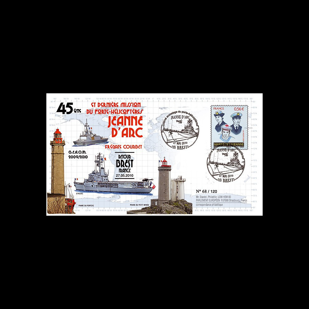 NAV09JA-24C : 2010 - Pli "Retour de mission du PH Jeanne d'Arc à Brest" - oblit. GF