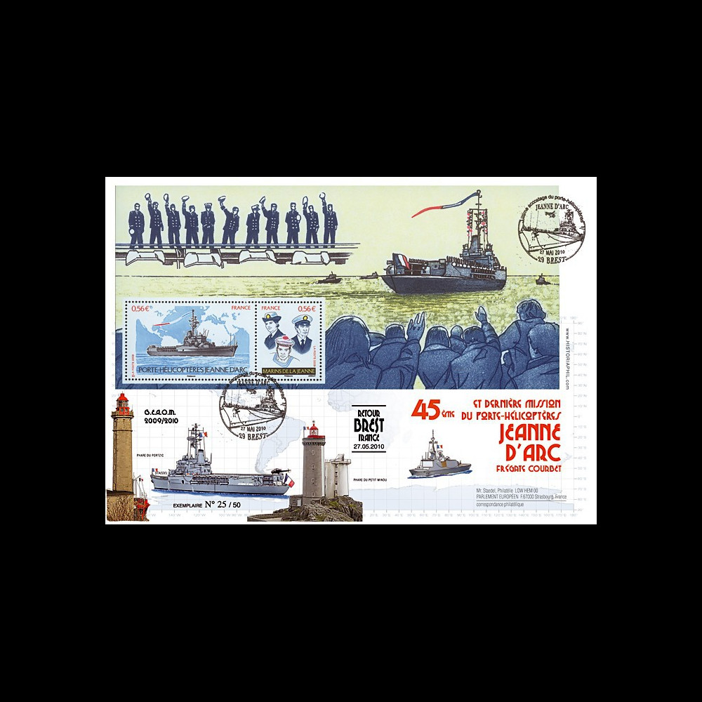 NAV09JA-24B : 2010 - Pli "Retour de mission du PH Jeanne d'Arc à Brest" - oblit. GF + bloc