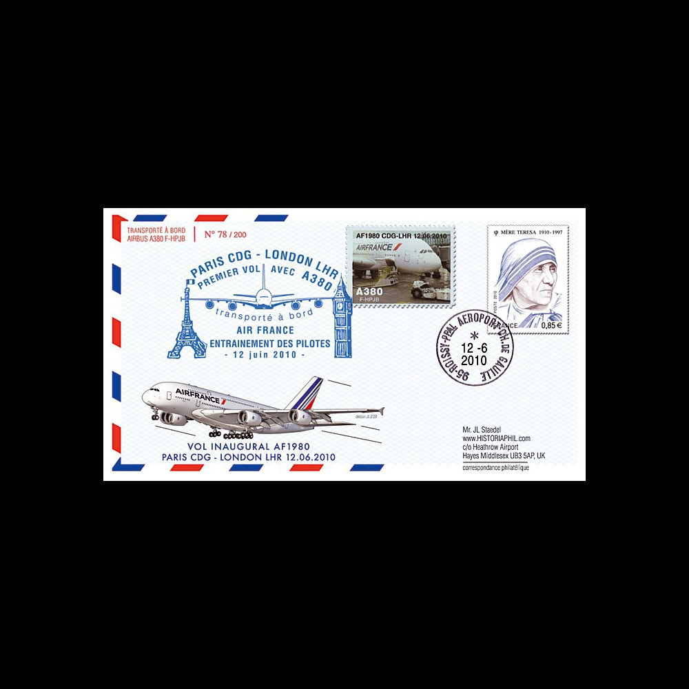 A380-100 : 2010 - Pli voyagé "1er vol A380 Air France Paris-Londres"