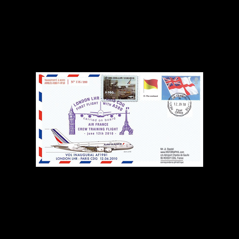 A380-101T2 : 2010 - Pli voyagé "1er vol A380 Air France Londres-Paris" - affrt White Ensign