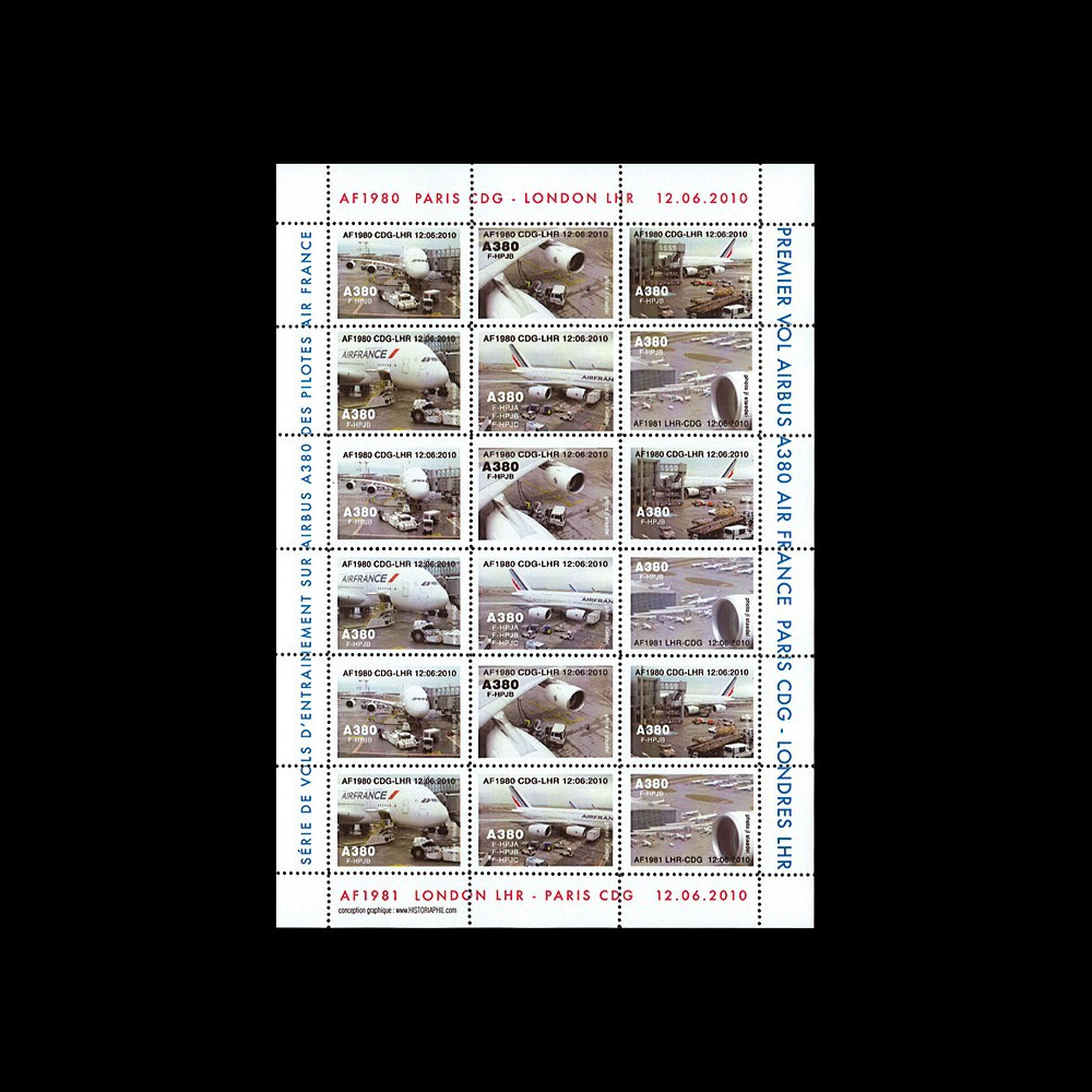 A380-100F : 2010 - Feuillet de vignettes "1er vol A380 Air France Paris-Londres-Paris"
