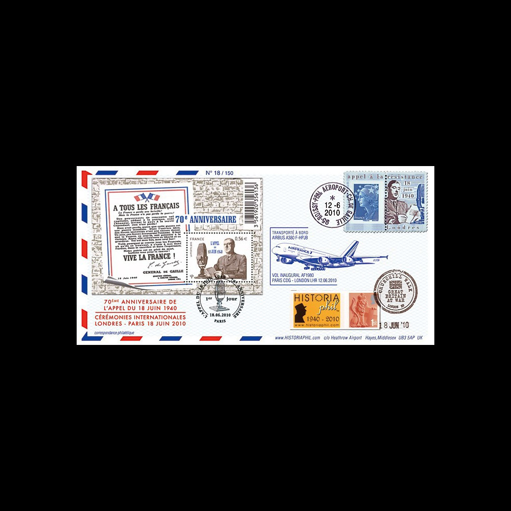 A380-103 : 2010 - Pli voyagé "1er vol A380 AF Paris-Londres & 70 ans Appel 18 juin"
