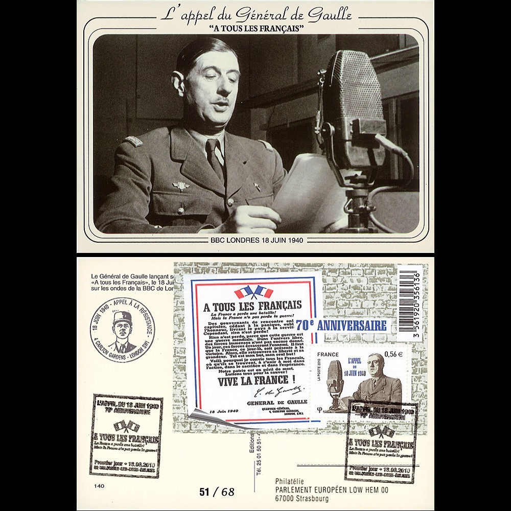 DG10-3 : CP "BBC Londres 18 juin 1940" 1er jour Colombey du bloc "A tous les Français"