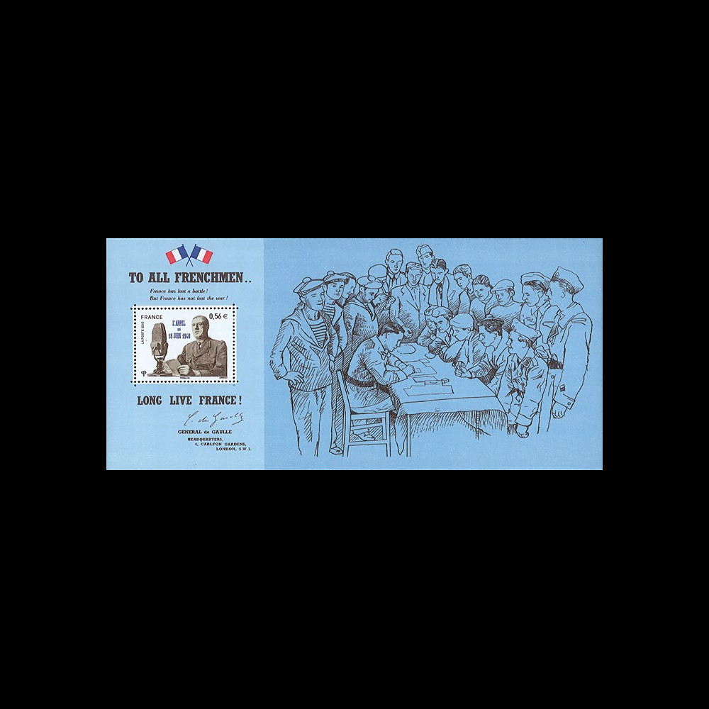 DG10-5N : Feuillet souvenir "To all frenchmen..." avec fac-similé signature de Gaulle