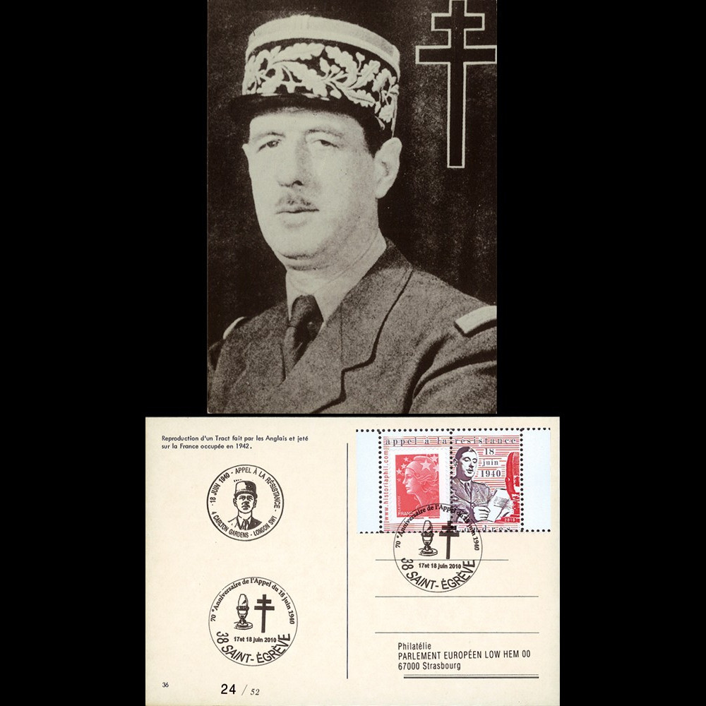 DG10-7 : CP "Portrait Général de Gaulle 1942" oblit. St-Egrève "70e anniv. Appel 18 juin"