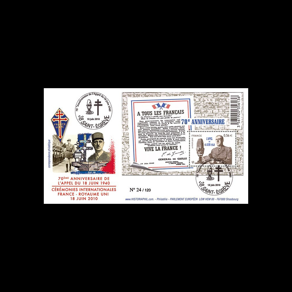 DG10-8 : FDC "Cérémonies Appel du 18 juin" oblit St-Egrève sur bloc "A tous les Français"