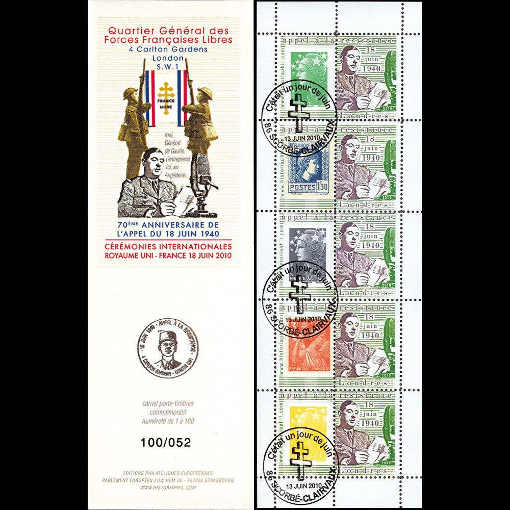 DG10-9C1 : Carnet porte-timbre "70e anniversaire Appel 18 juin 1940" - TVP Marianne vert