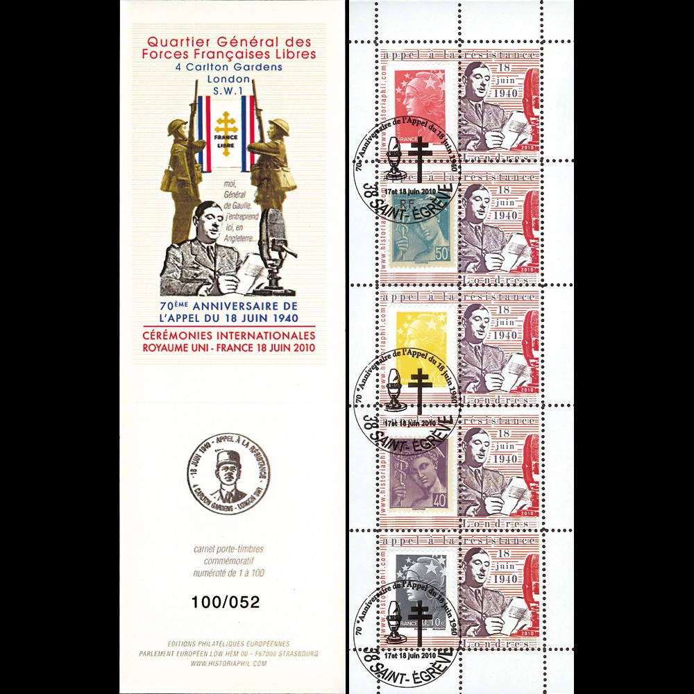 DG10-9C2 : Carnet porte-timbre "70e anniv. Appel 18 juin 1940" - TVP Marianne rouge