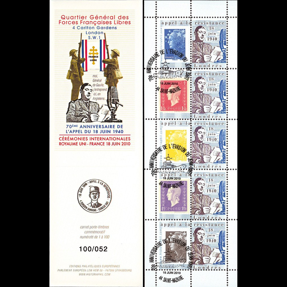 DG10-9C3 : Carnet porte-timbre "70e anniversaire Appel 18 juin 1940" - TVP Marianne bleu
