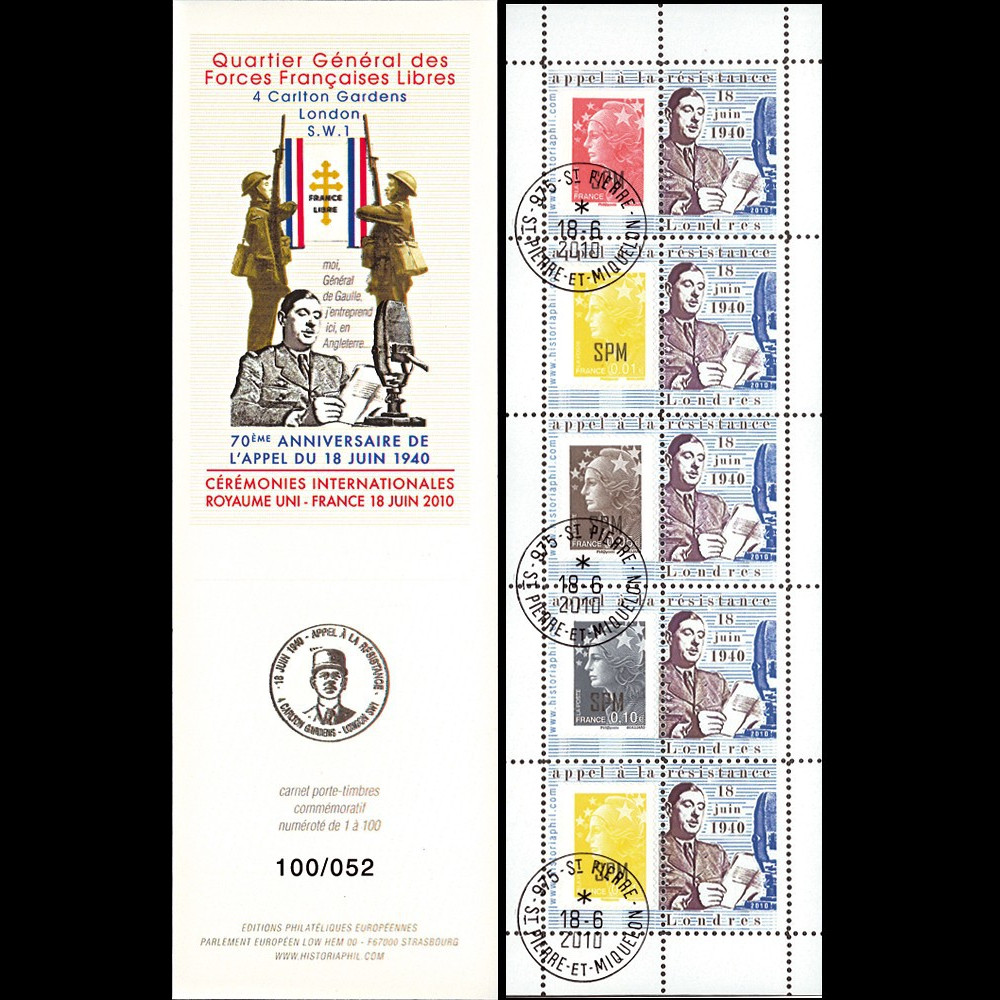 DG10-9C4 : Carnet porte-timbre "70e anniv. Appel 18 juin 1940" - TVP Marianne SPM rouge