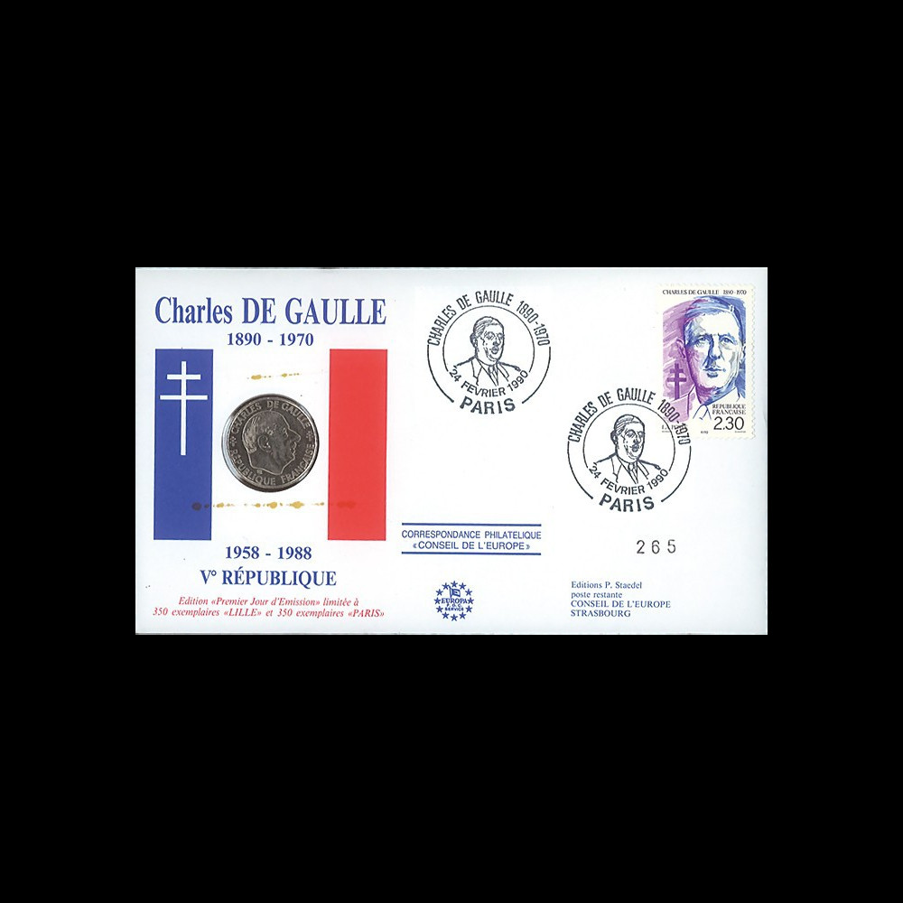 DG90-1FP : 1990 - enveloppe numismatique "30 ans Ve République & 100 ans de Gaulle"