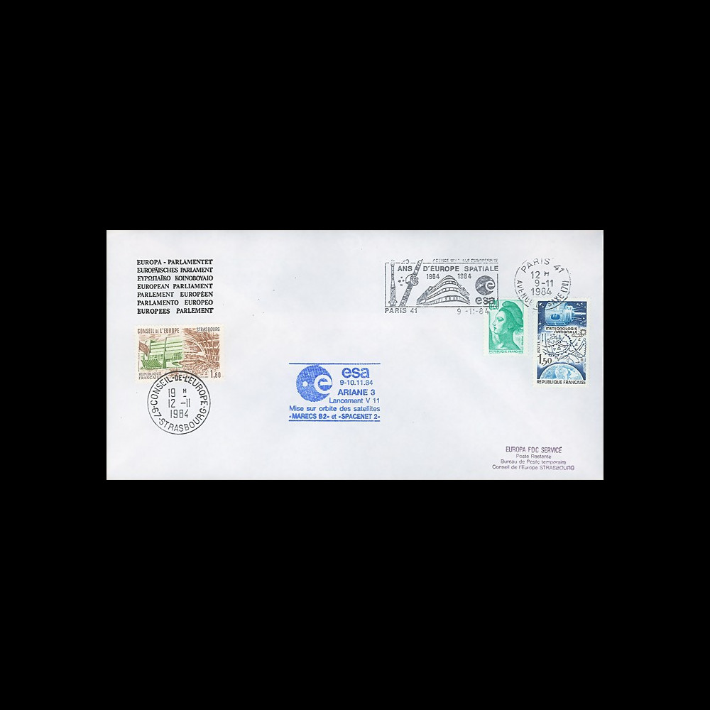 AR 23LB : 1984 - Env. off. Parlement eur. Ariane V11 - flamme "20 ans d'Europe spatiale"