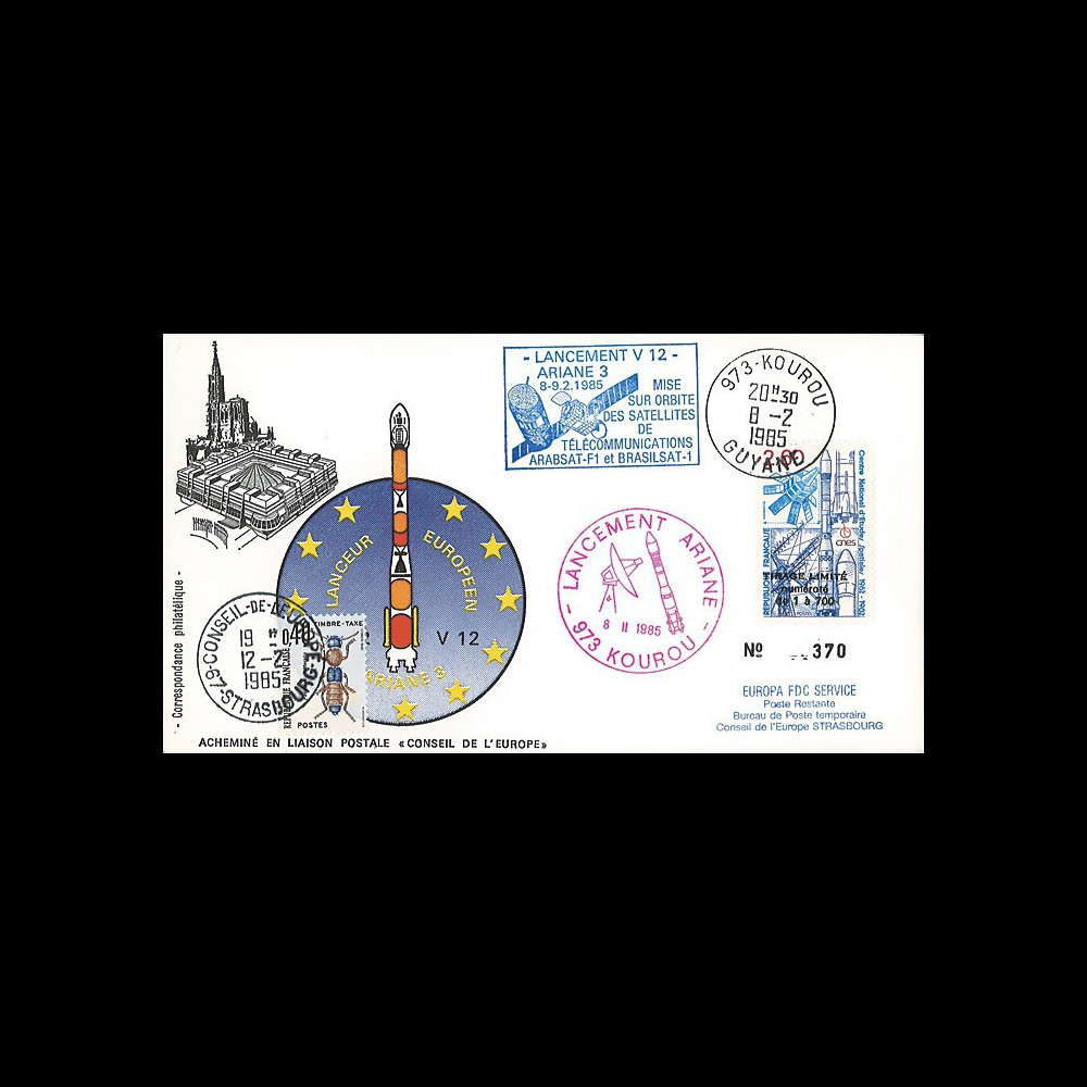 AR 24L-T3 : 1985 - FDC Ariane V12 - sat. ARABSAT-F1 et BRASILSAT-1 - affrt 20 ans du CNES