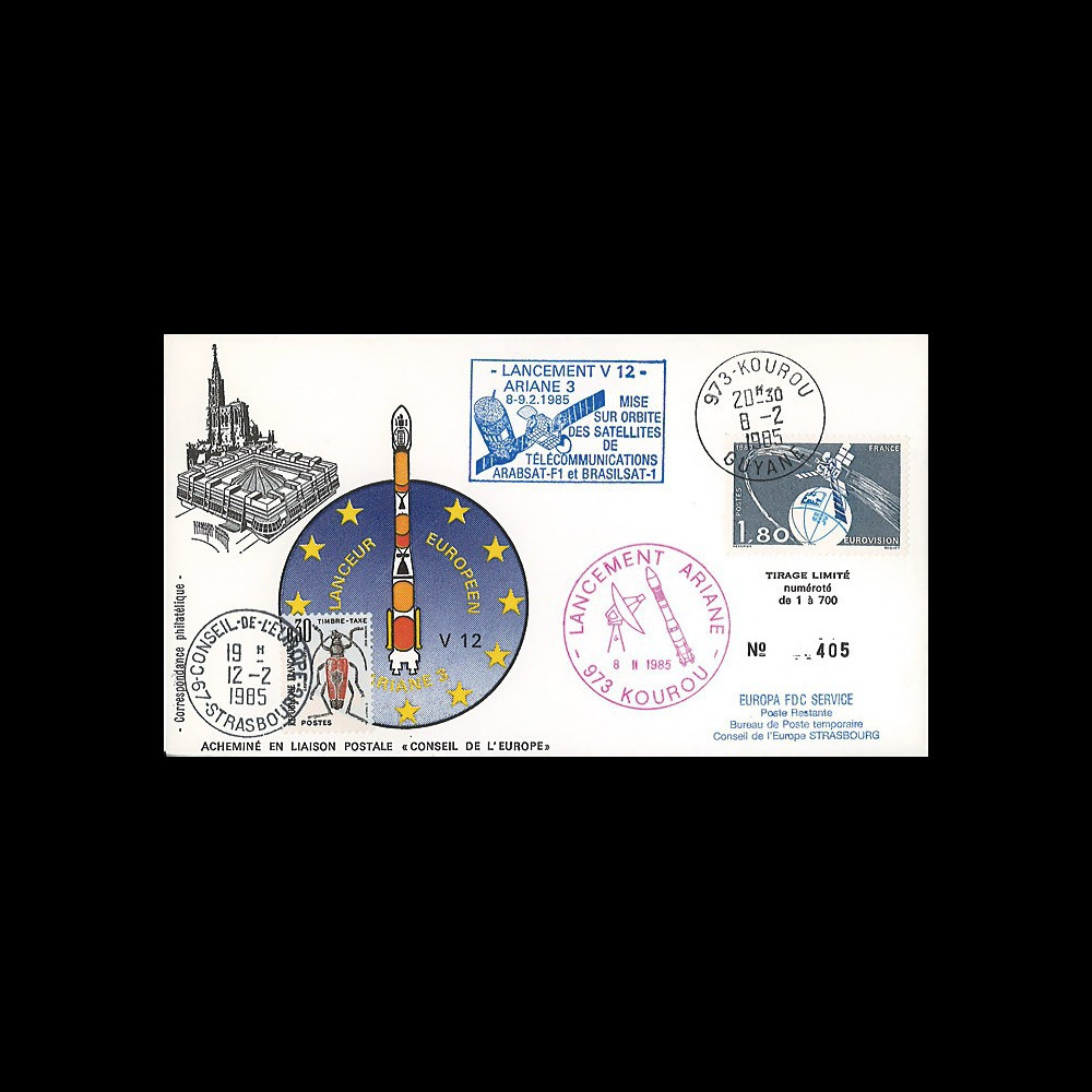 AR 24L-T4 : 1985 - FDC Ariane V12 - sat. ARABSAT-F1 et BRASILSAT-1 - affrt Eurovision