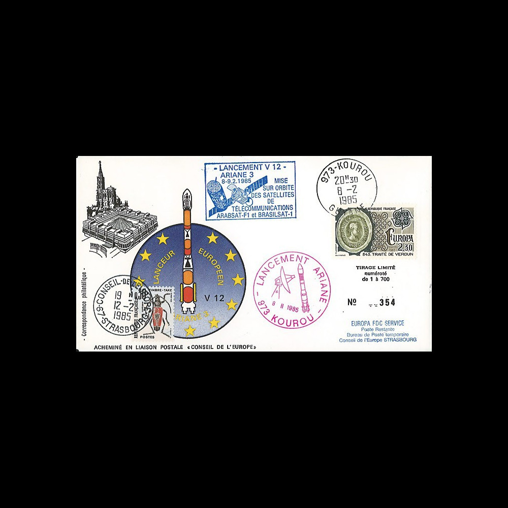 AR 24L-T5 : 1985 - FDC Ariane V12 - sat. ARABSAT-F1 et BRASILSAT-1 - affrt Traité de Verdun