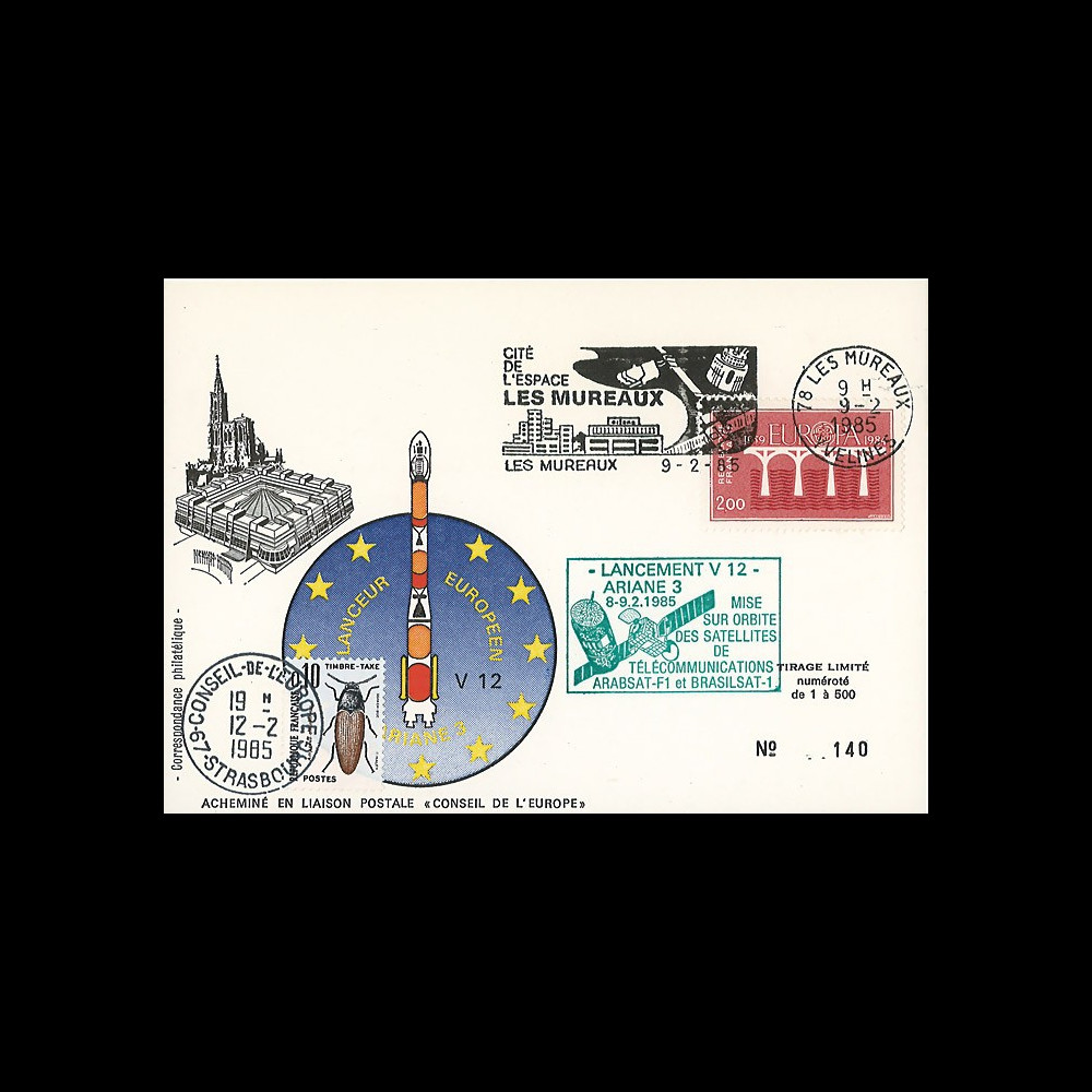 AR 25L : 1985 - Carte spéciale (décalage horaire) “Ariane V12” - oblit. flamme Les Mureaux