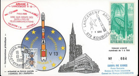 AR 26L-T1 : 1985 - FDC Ariane V13 - sat. TÉLECOM 1B & GSTAR - affrt Guyane Terre Espace
