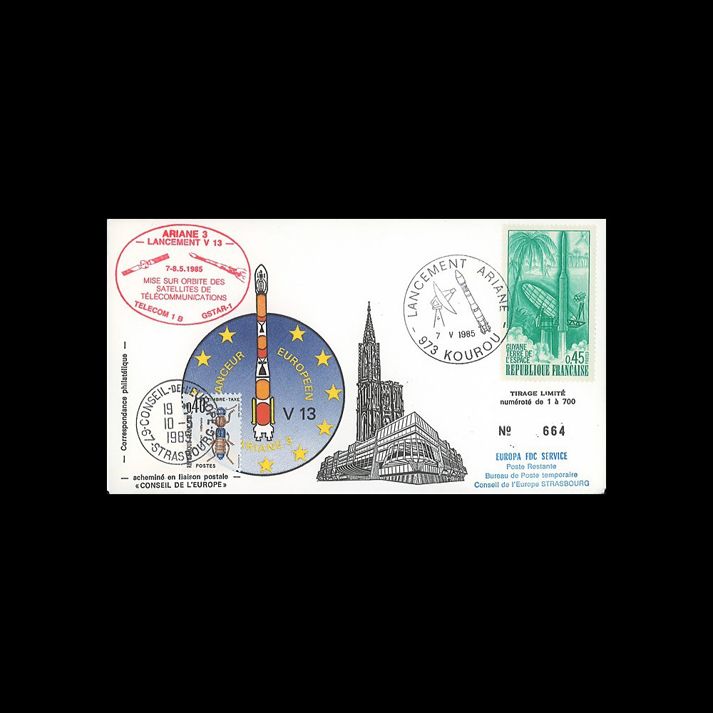 AR 26L-T1 : 1985 - FDC Ariane V13 - sat. TÉLECOM 1B & GSTAR - affrt Guyane Terre Espace