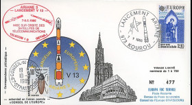 AR 26L-T2 : 1985 - FDC Ariane V13 - sat. TÉLECOM 1B & GSTAR - affrt Europa 1985